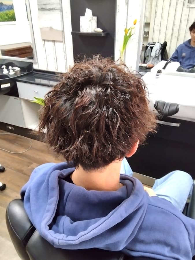 Back view of a young man with short, wavy hair, freshly styled at a Düsseldorf hair salon.